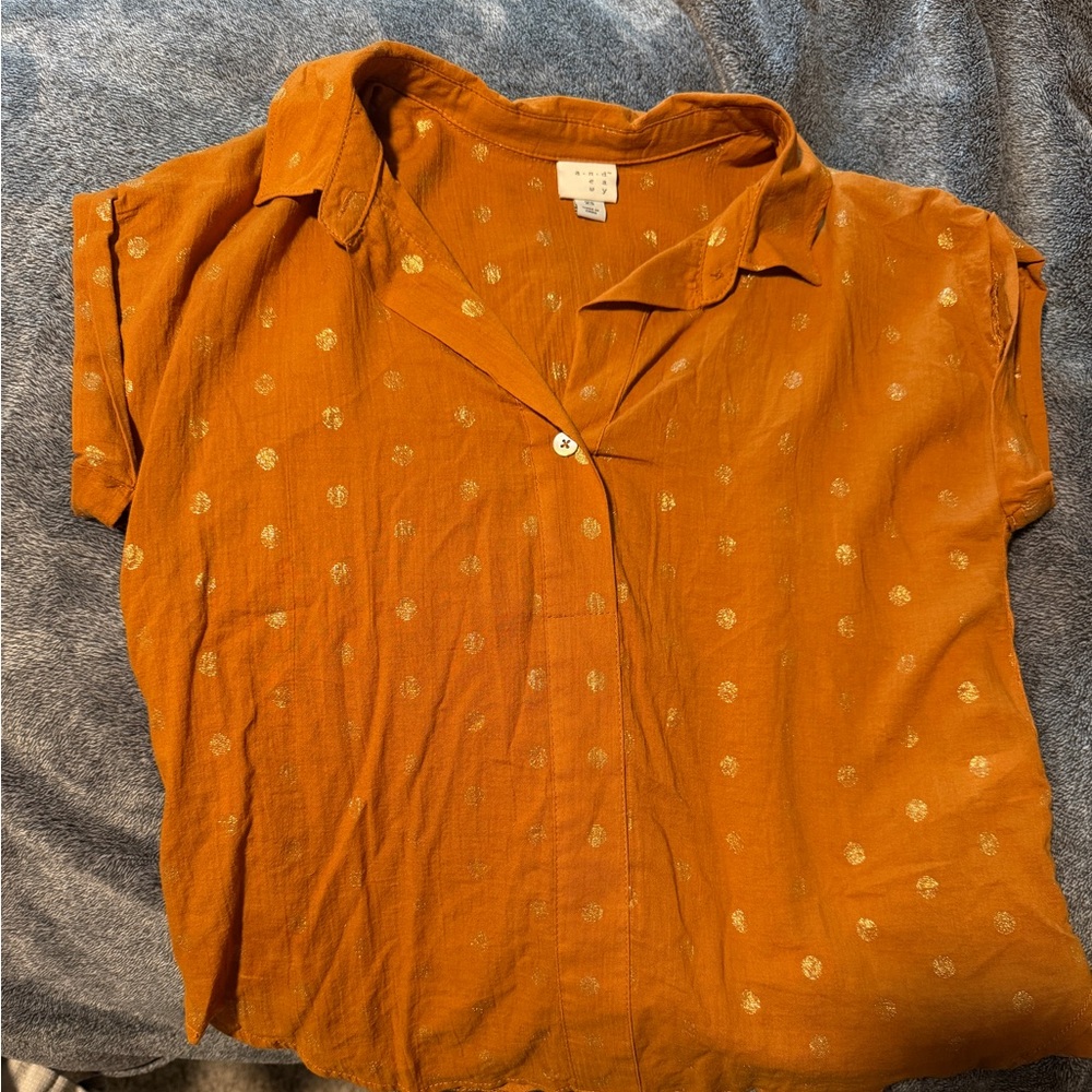 Wednesday (Target)Short-Sleeve Button-Front Blouse in Rust Orange with Gold Dots